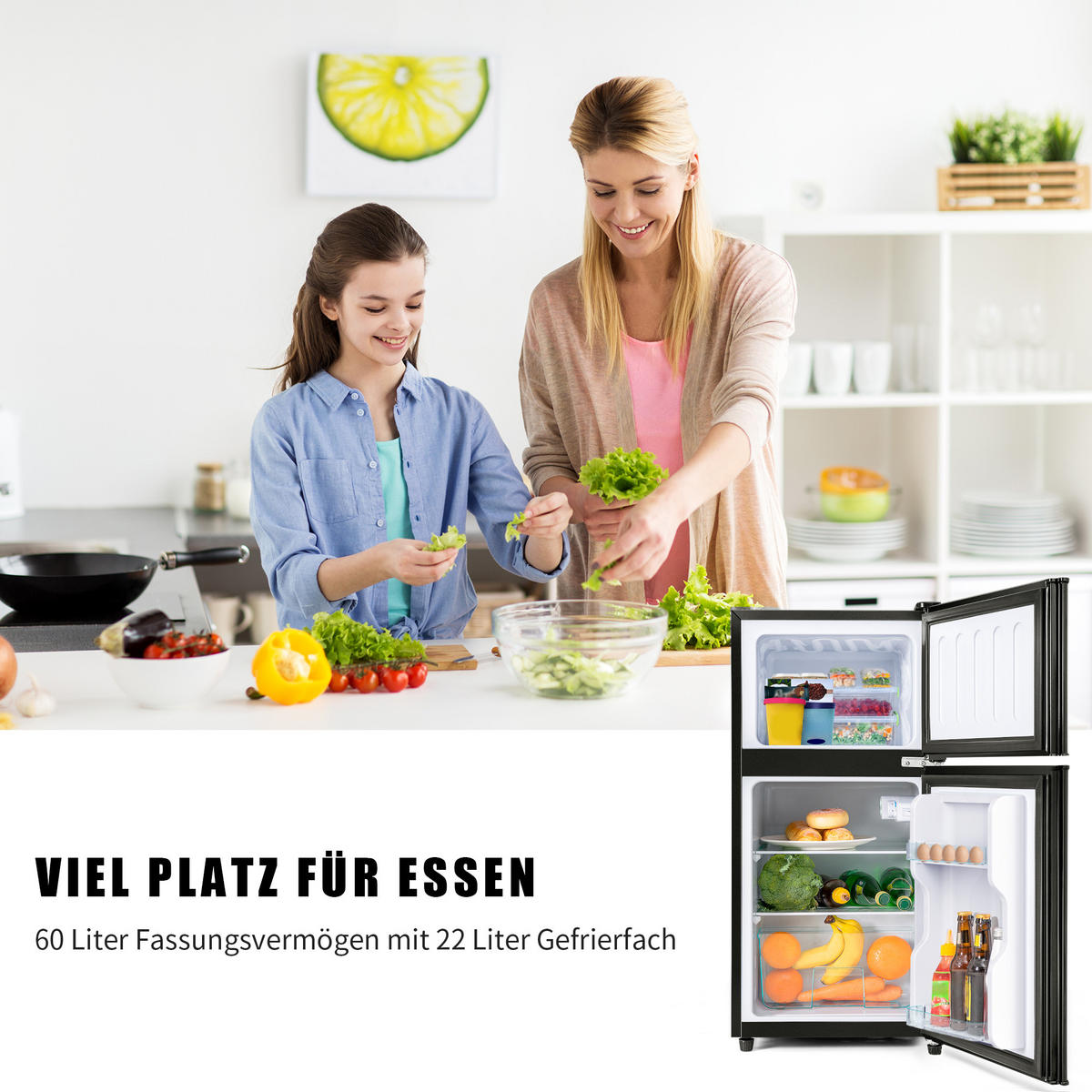 KÜHLSCHRANK 86,8cm Schwarz Doppeltür LED 60L modern - Schwarz, Kunststoff (45.5/42.5/86.8cm) - FLIEKS