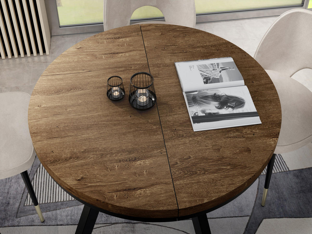 ESSTISCH Lume runder ausziehbarer, Lefkas Eiche 100-150/100/76 cm - Alteiche/Schwarz, Holz/Holzwerkstoff (100/100/76cm) - WFL GROUP
