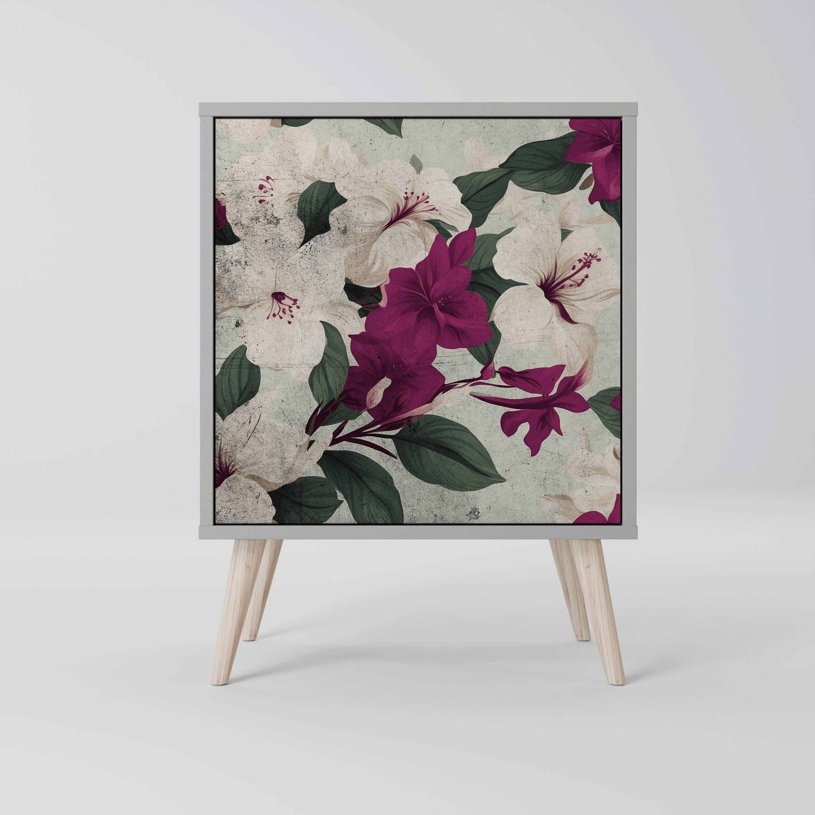 SIDEBOARD FLOWERET DREAM, Grau, 57,5x42x77,5 cm, Schräge Buchenholzfüße - Buchefarben/Multicolor, Holzwerkstoff/Buchenholz (57.5/77.5/42cm) - SpaceRebels