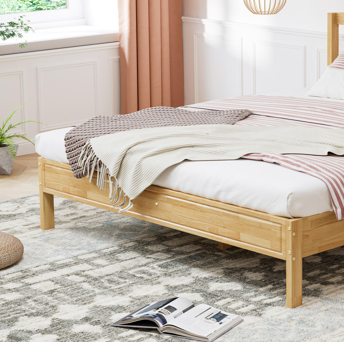 DOPPELBETT 160/200 cm Natur Rattanbett mit stabilen Mittelfüßen aus Kiefer - Naturfarben, Holzwerkstoff (160/200cm) - OKWISH