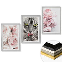WANDBILDER 3er Set - 40x60 cm Silberner Rahmen - Katze in rosa Blumen - Silberfarben, Kunststoff (40/60cm) - ArtPrintCave