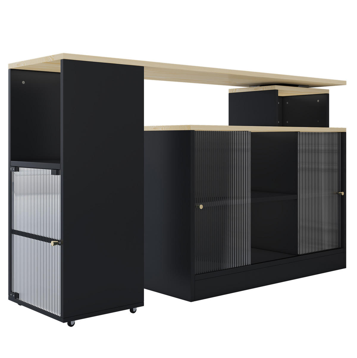 BAROVÝ stůl černý z MDF a skla s úložným prostorem a otočnou výsuvnou deskou - černá, kompozitní dřevo (100/90/155cm) - OKWISH