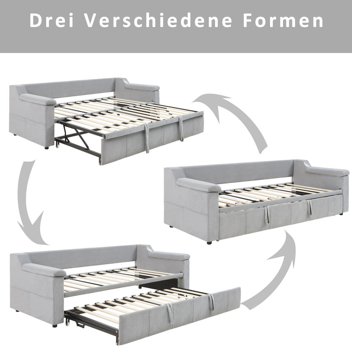 POLSTERBETT 90/180X190 cm Mit USB-Ladeanschluss in Samtstoff，Hellgrau - Hellgrau, Textil (90/190cm) - KOMHTOM