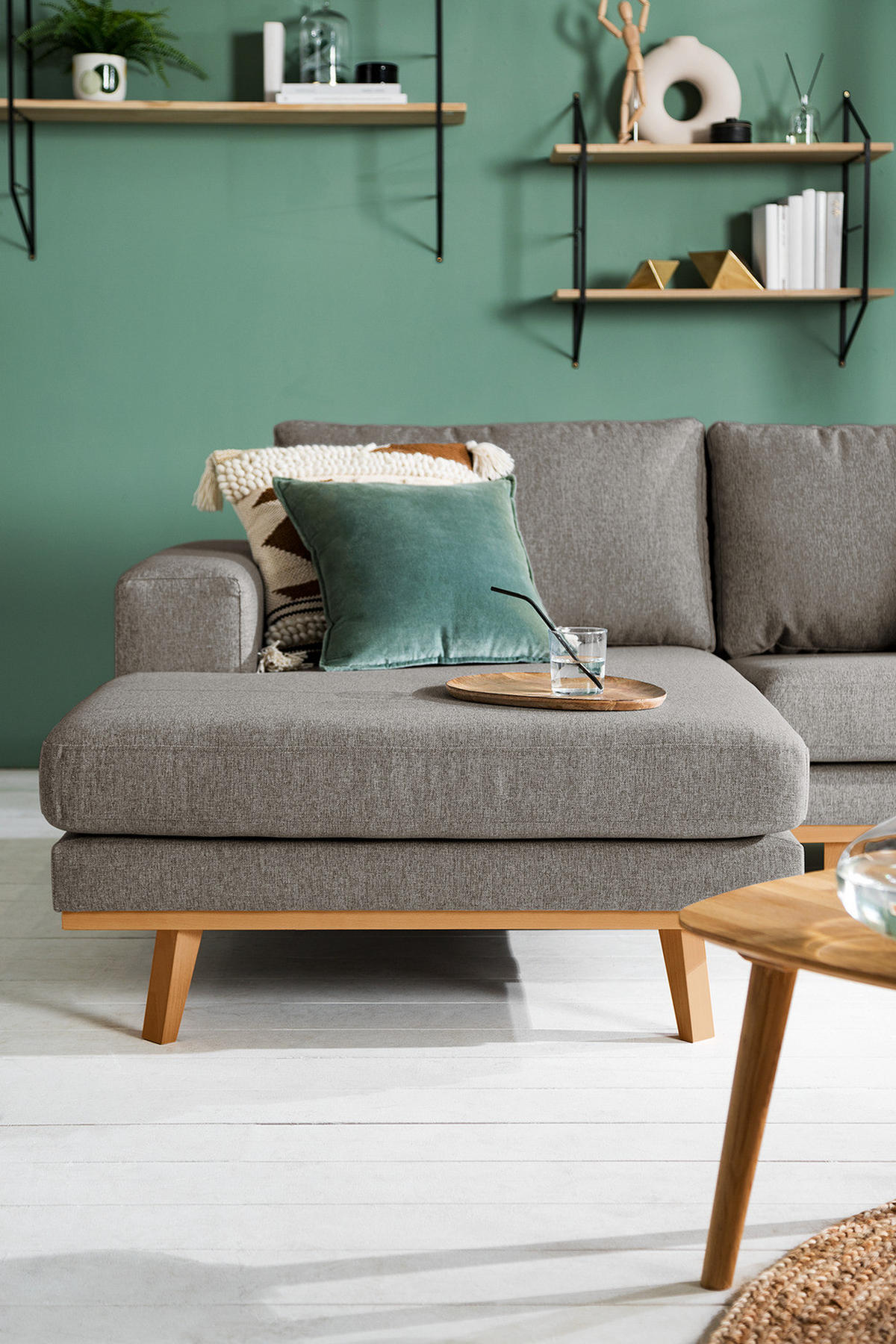 WOHNLANDSCHAFT mit Longchair - Graubraun/Buchefarben, Buchenholz/Textil (371/81/219cm) - home24