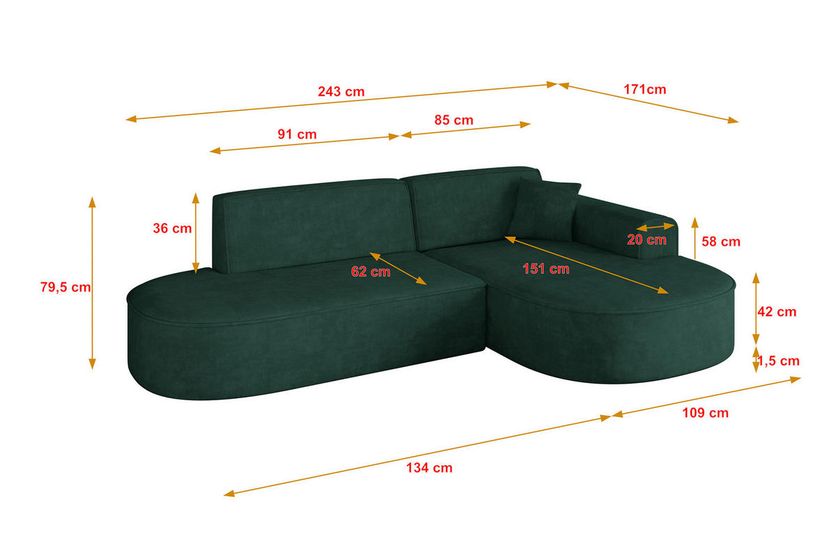 ECKSOFA Ottomane Rechts MARI-L1 - 243x171x79 cm Grün Velours - Schwarz/Grün, Holzwerkstoff/Kunststoff (171/243cm) - ALTDECOR