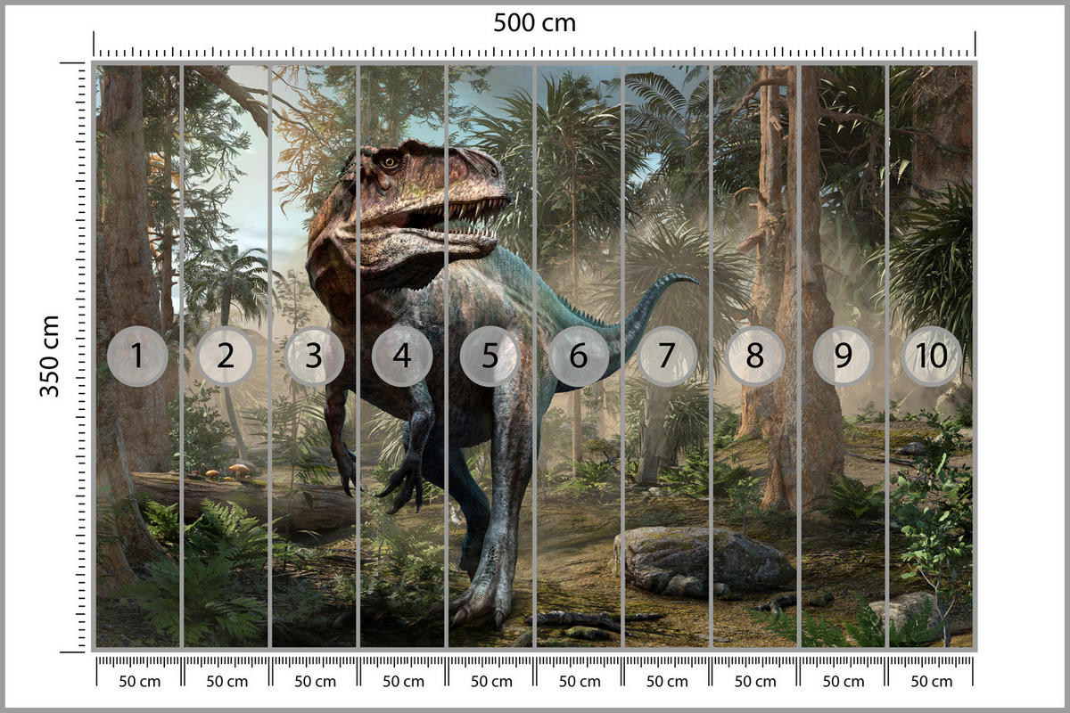 FOTOTAPETE für Jugendzimmer Realistischer Dinosaurier Dschungel Palmen 500x350 - Beige/Schwarz, Papier (500/350cm) - Muralo