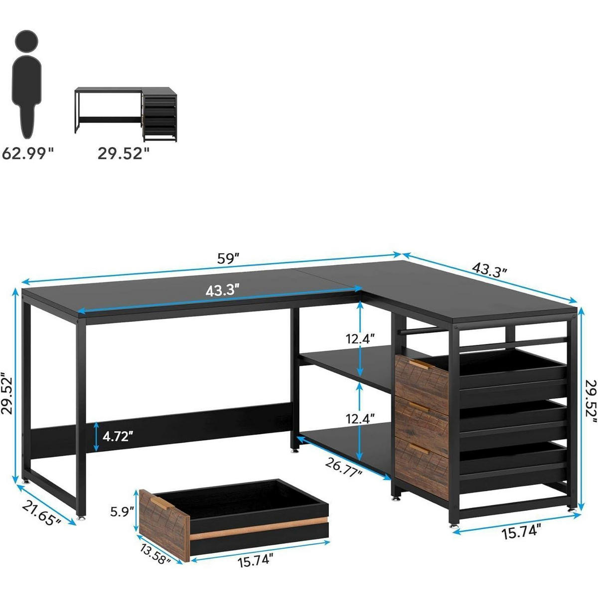 SCHREIBTISCH L-Form mit 4 Schubladen und 2 Ablagen 155 x 110 x 75 cm Schwarz - Multicolor, Holzwerkstoff (60/180/76cm)