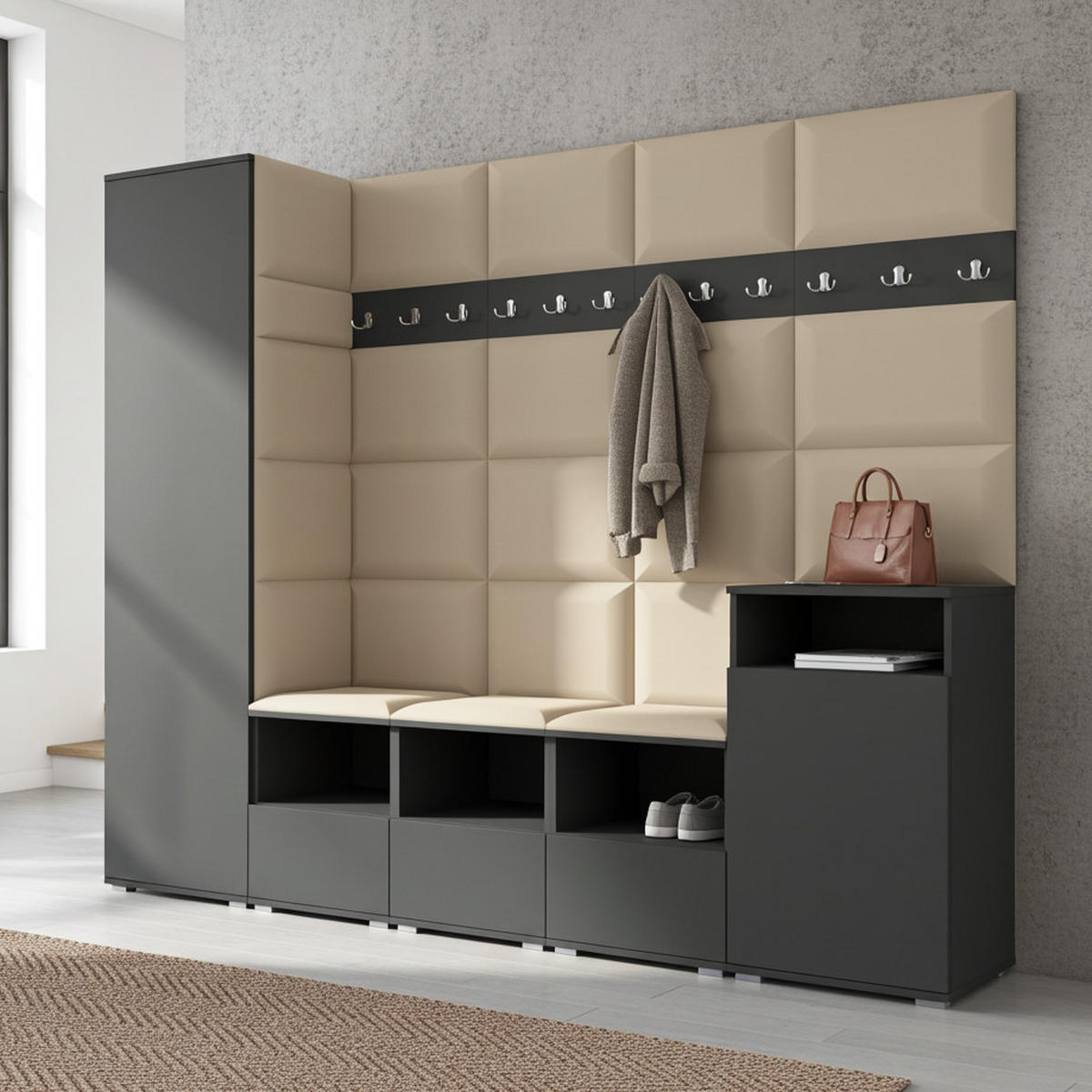 GARDEROBE NELA XI 250 cm (Modulare Flurmöbel Graphit mit Sitzpolster Beige 04 Großes Set) - Beige/Silberfarben, Holz/Holzwerkstoff (250/187/40cm) - Ravio