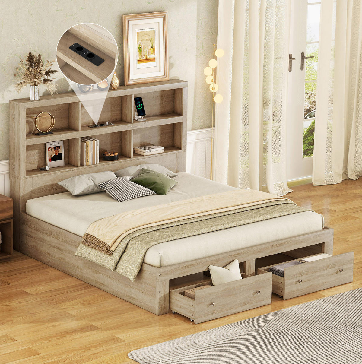 BETT 160/200 cm mit Kopfteil und 2 Schubladen in Natur - Naturfarben, Holzwerkstoff (160/200cm) - BEAOK