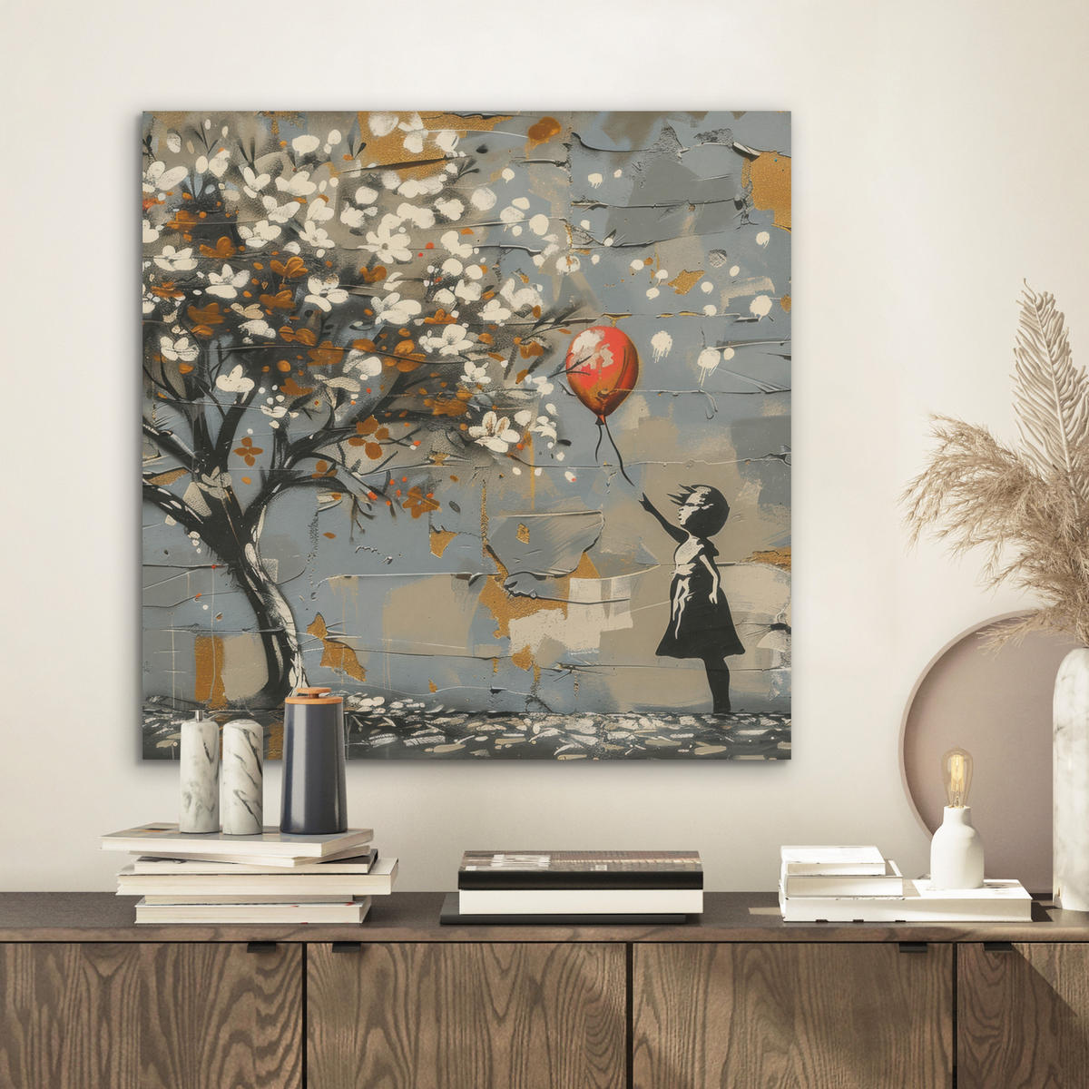 AKUSTIKBILD Baum - Graffiti - Banksy-Stil - Ballon-Mädchen Wandbilder 60x60 cm - Blaugrau, Kunststoff (60/60/0.9cm) - MuchoWow