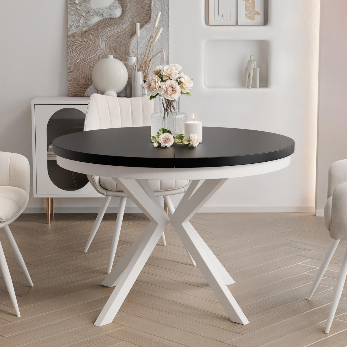 AUSZIEHTISCH MILTON 120-196/76 cm mit Metallgestell und Zarge, Weiß / Schwarz Molet - Schwarz/Weiß, Holzwerkstoff/Metall (120/120/76cm) - Idohome