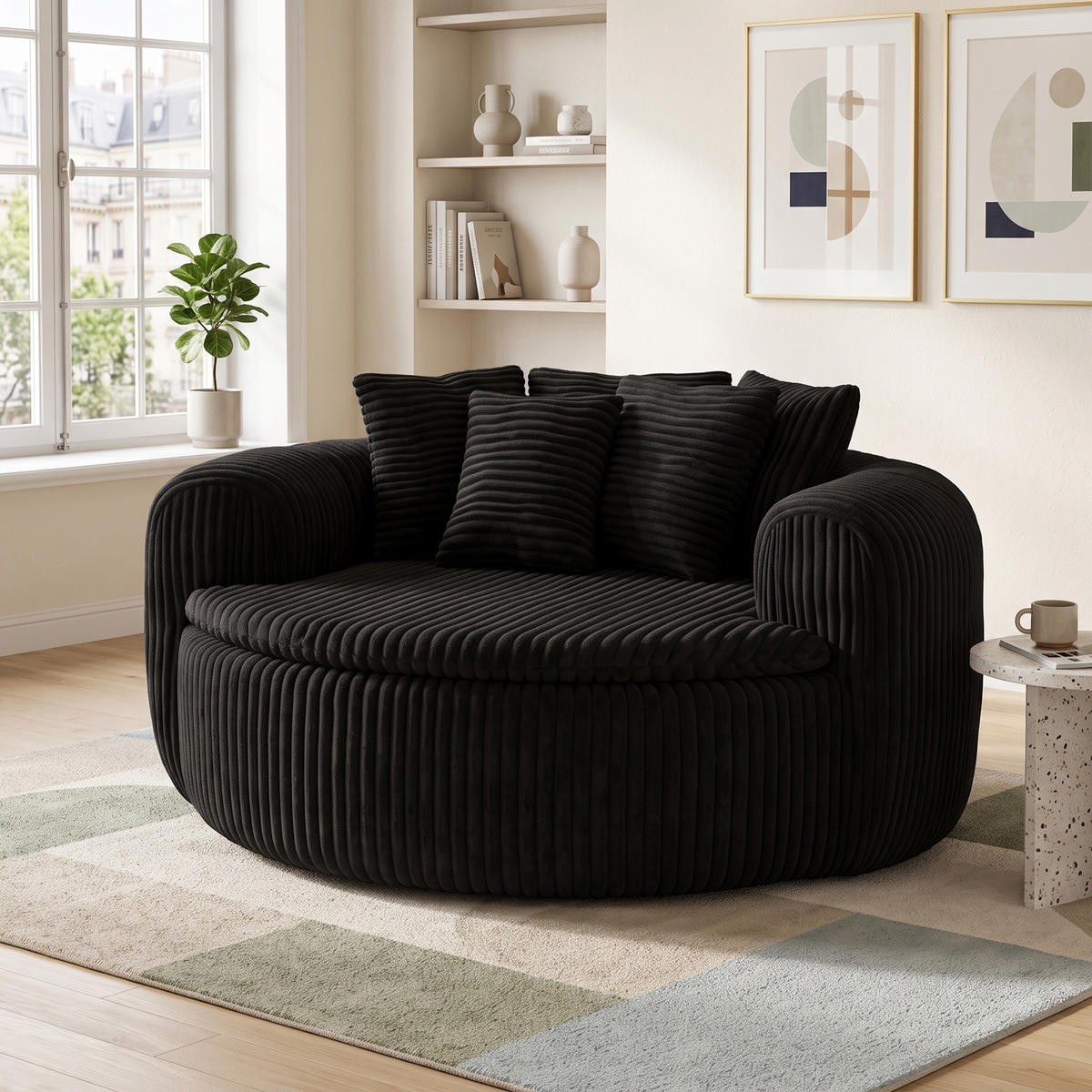 SITZSACK Cord Extrabreit mit 5 Kissen - Schwarz, Textil (145/59/133cm) - Urban Meuble