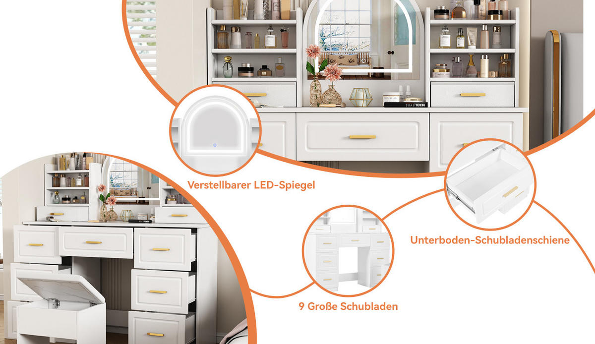 SCHMINKTISCH WEISS mit LED-Beleuchtung und 9 Schubladen 120x40x135 cm - Weiß, Holzwerkstoff (40/135/120cm) - Bomclap