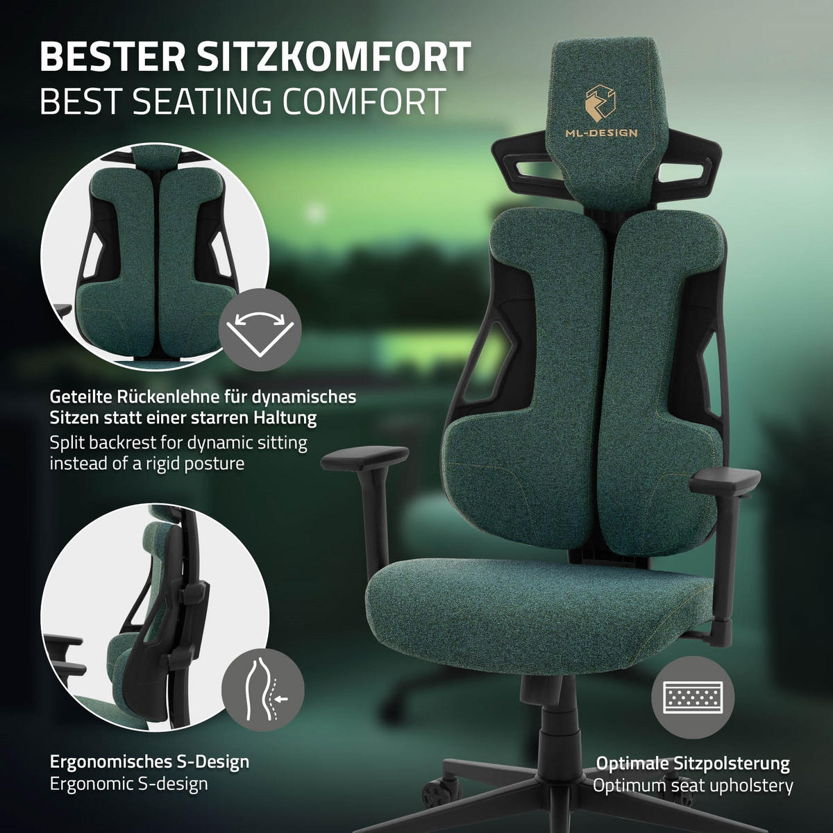 HERNÍ ŽIDLE s látkovým potahem v zelené barvě, individuálně nastavitelná - černá/zelená barva, kov/textil (69/142/68cm) - ML-DESIGN