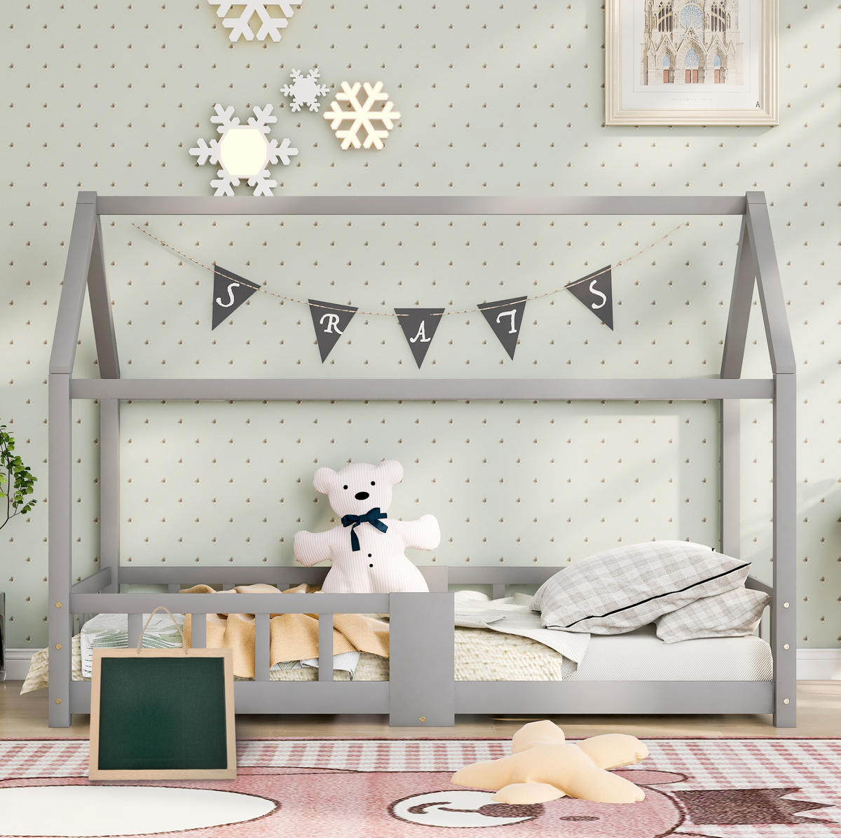 HAUSBETT 90/200 cm Grau aus Kiefer Massivholz mit Tafel und Rausfallschutz - Grau, Holzwerkstoff (90/200cm) - OKWISH