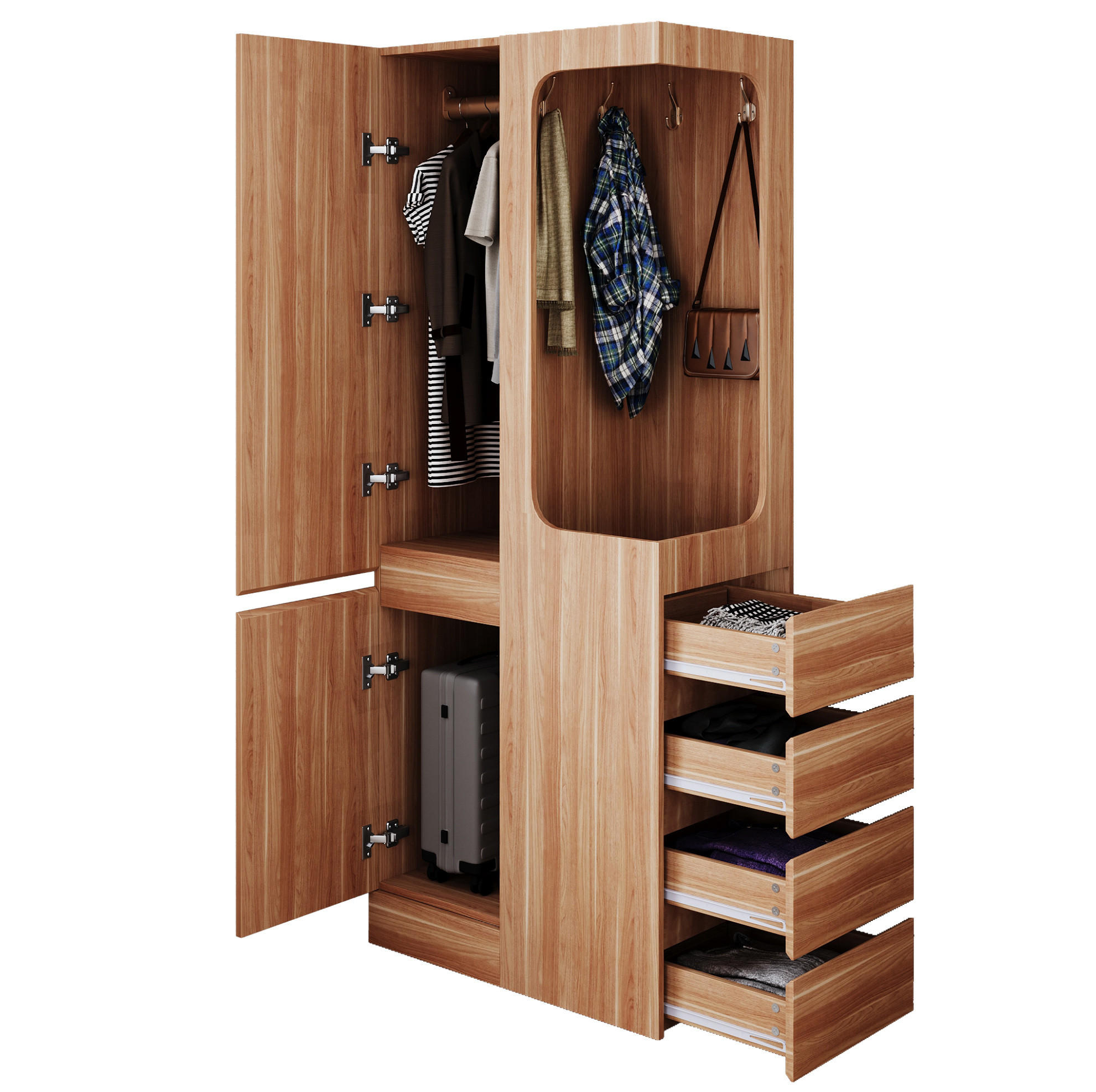 KLEIDERSCHRANK aus Holz 70x40x170 cm Naturholz/Weiß mit Schubladen, offener Hängefläche und 1 Tür - Nussbaumfarben, Holzwerkstoff (70/170/40cm) - Modfu