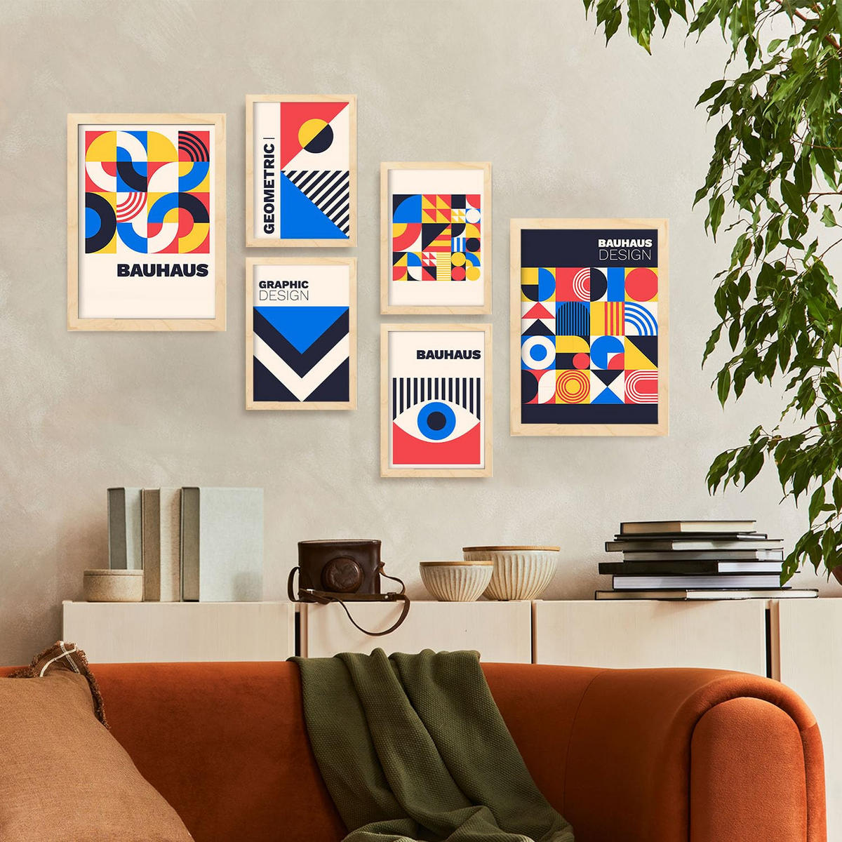 POSTER Set Mit 6 Drucken Im Bauhaus 6 Geometrische Designkollektion Drucke Mit Ästhetische Dekorative Für Zuhause A3 & A4 Rahmen Aus Hellem Holz - Beige, Papier (29/3cm) - Nacnic