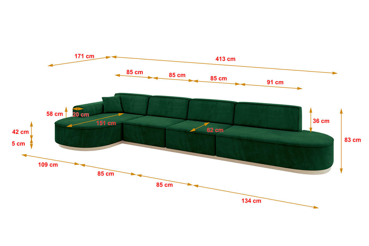 ECKSOFA Ottomane Links MARI-L3-v1 - 413x171x83 cm Dunkelgrün Velours - Dunkelgrün, Holzwerkstoff/Textil (413/171cm) - ALTDECOR