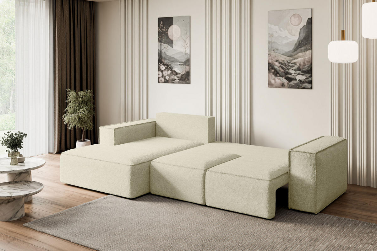 ECKSOFA mit Schlaffunktion und Bettkasten SERRA-L-S - 266x161x87 cm Beige Bouclé - Beige/Schwarz, Holzwerkstoff/Kunststoff (266/161cm) - ALTDECOR