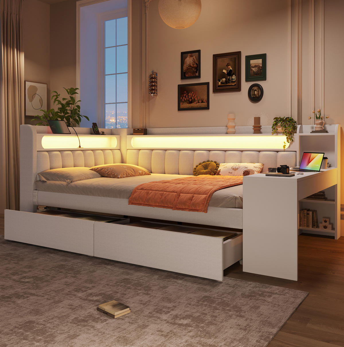 ČALOUNĚNÁ postel z MDF a překližky 140x200 cm bílá s LED osvětlením, USB portem, psacím stolem a 2 zásuvkami - bílá, kompozitní dřevo (140/200cm) - Modfu
