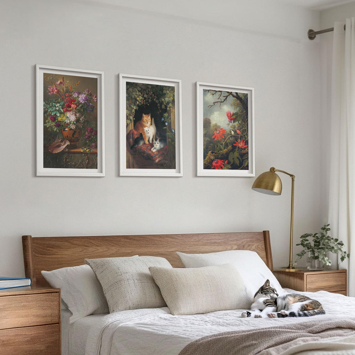 WANDBILDER 3er-Set - 40x60 cm Weißer Rahmen - Vintage-Blumen, Katzen, Natur - Weiß, Kunststoff (40/60cm) - ArtPrintCave