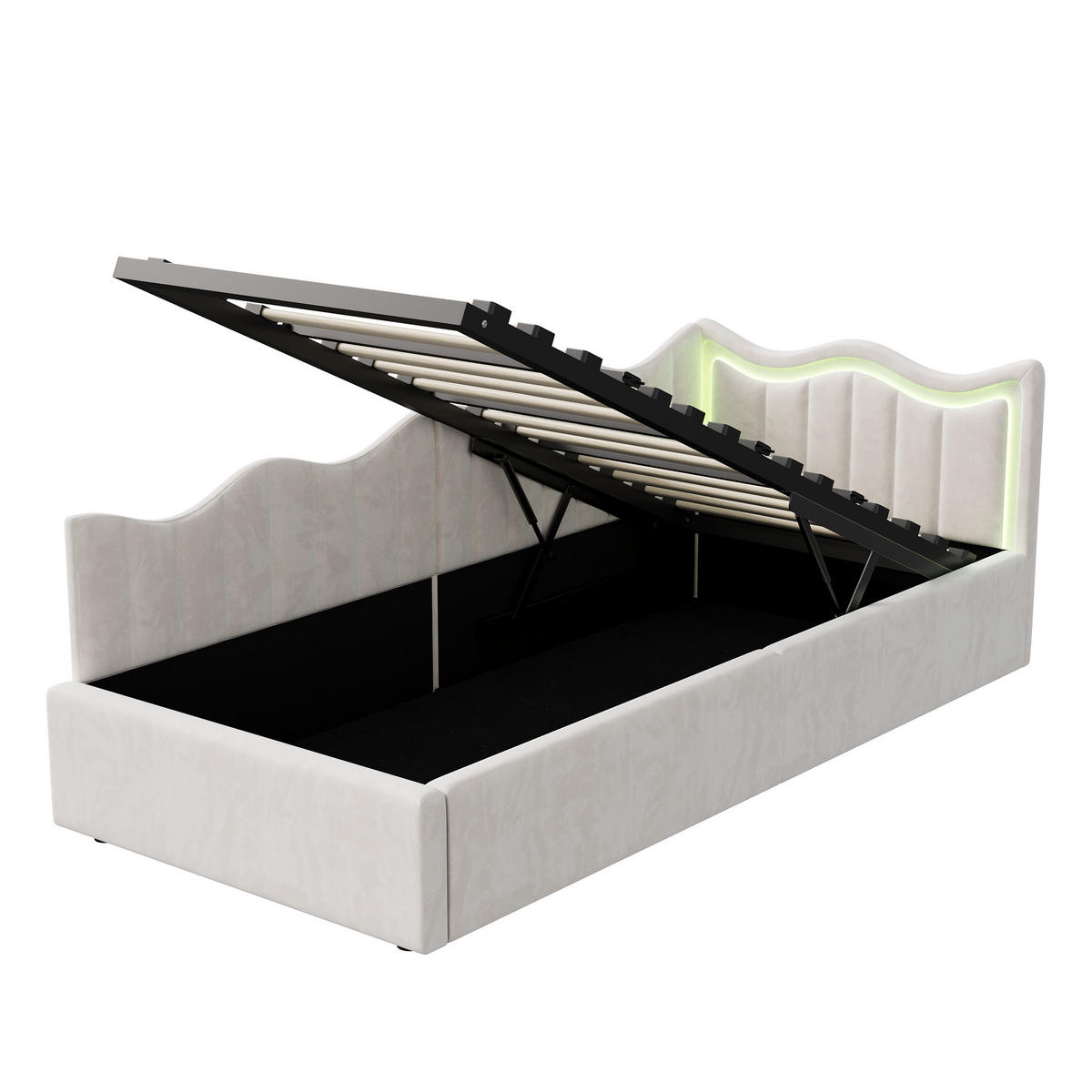 KINDERBETT/SCHLAFSOFA 90×200 cm Samt Weiß – Bett mit LED-Beleuchtung - Beige, Holz