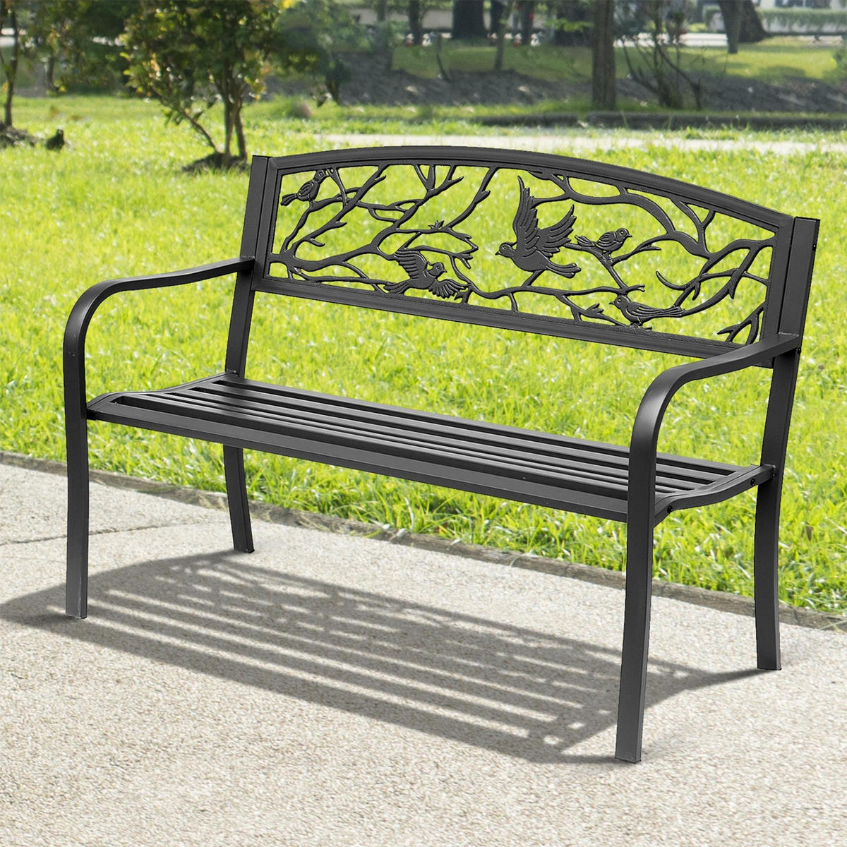 GARTENBANK DE-17749 3-Sitzer mit Vogelmotiv im Rural-Chic Schwarz - Schwarz, Metall (127/85/60cm) - ComfortXL