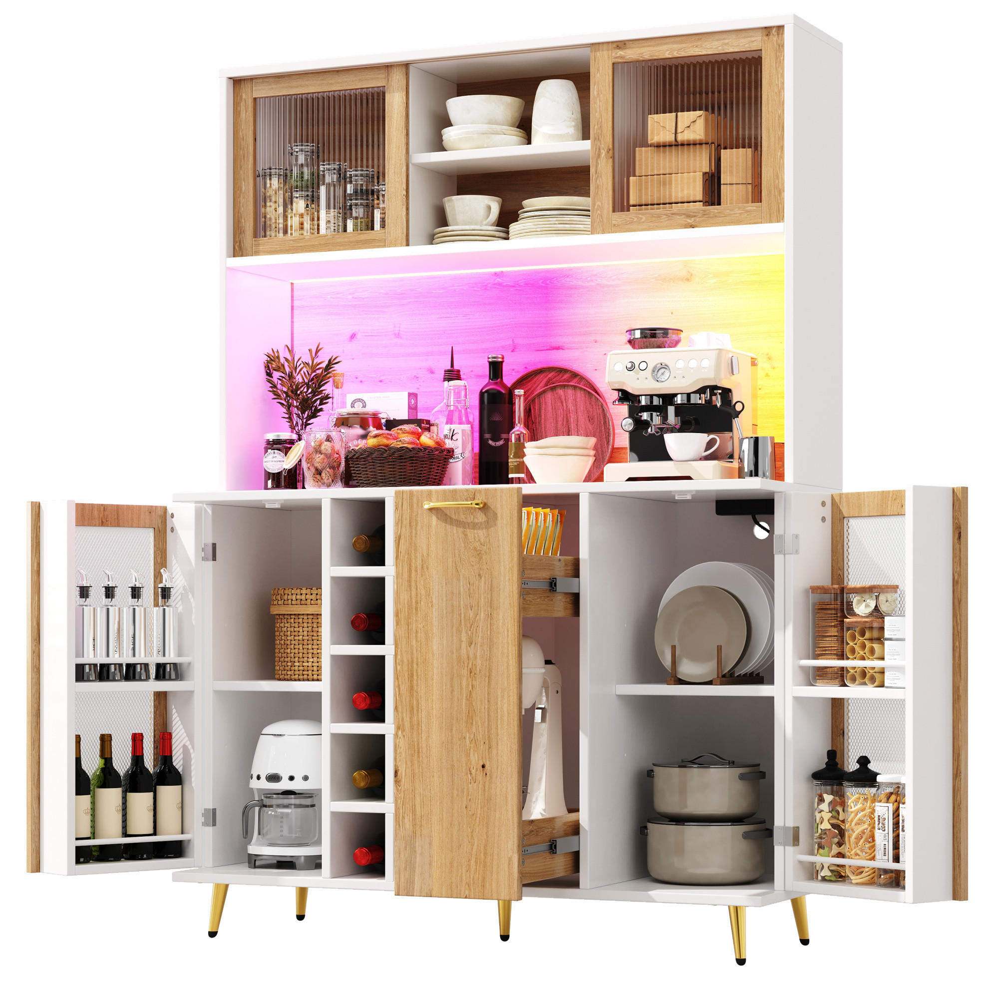 BUFFET 120/40/170 cm aus MDF mit LED-Beleuchtung und Steckdose Weiß (Holzoptik) - Weiß, Holzwerkstoff (120/170/40cm) - Modenvie