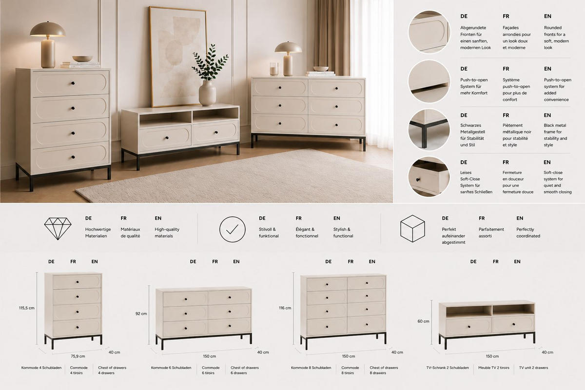 TV-SCHRANK, Kaschmir, 150 x 40 x 60 cm - Kaschmir, Holzwerkstoff (150/60/40cm) - 3XE LIVING