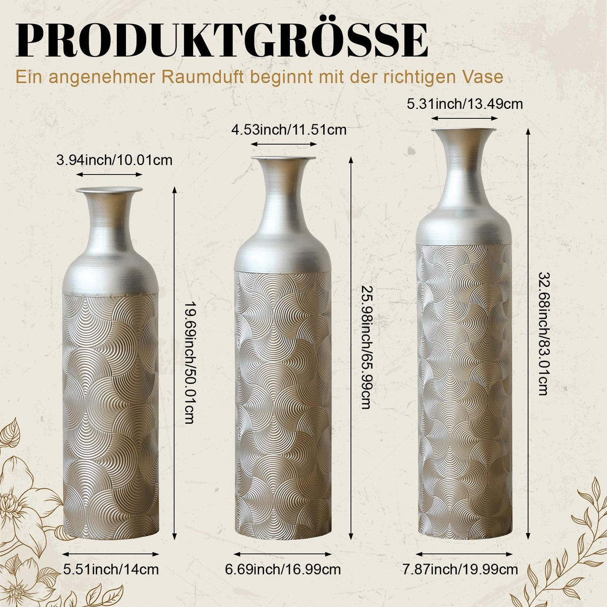 BODENVASE Metallvase,50/66/83 cm,3 tlg.Dekovase,Silber - Silberfarben, Metall (83cm) - LVHOM