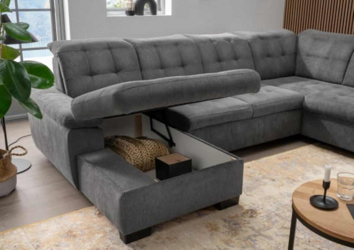 WOHNLANDSCHAFT mit Schlaffunktion und Bettkasten, verstellbare Kopflehnen - Schwarz/Grau, Kunststoff/Textil (216/163/305cm) - myHomelando