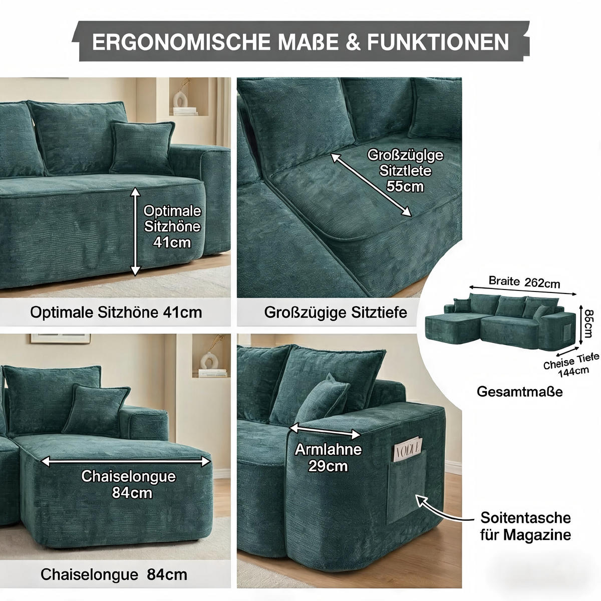 ECKSOFA 262/144/65 cm Grün mit Aufbewahrungsbeutel - Grün, Textil (262/144cm) - Oxeza