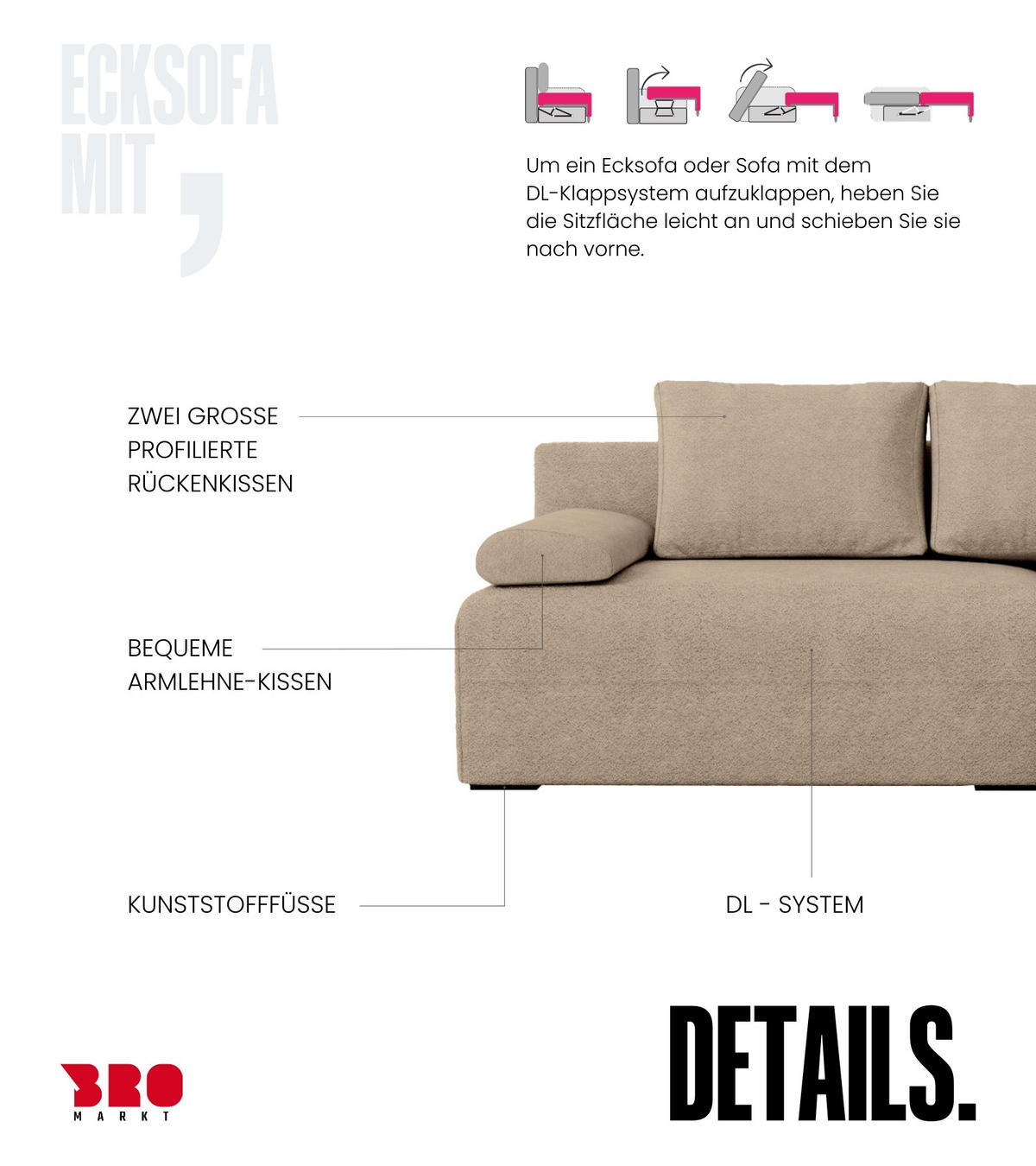 ECKSOFA Ernest mit Schlaffunktion Beige Bouclé - Beige, Textil (200/145cm) - Bromarkt