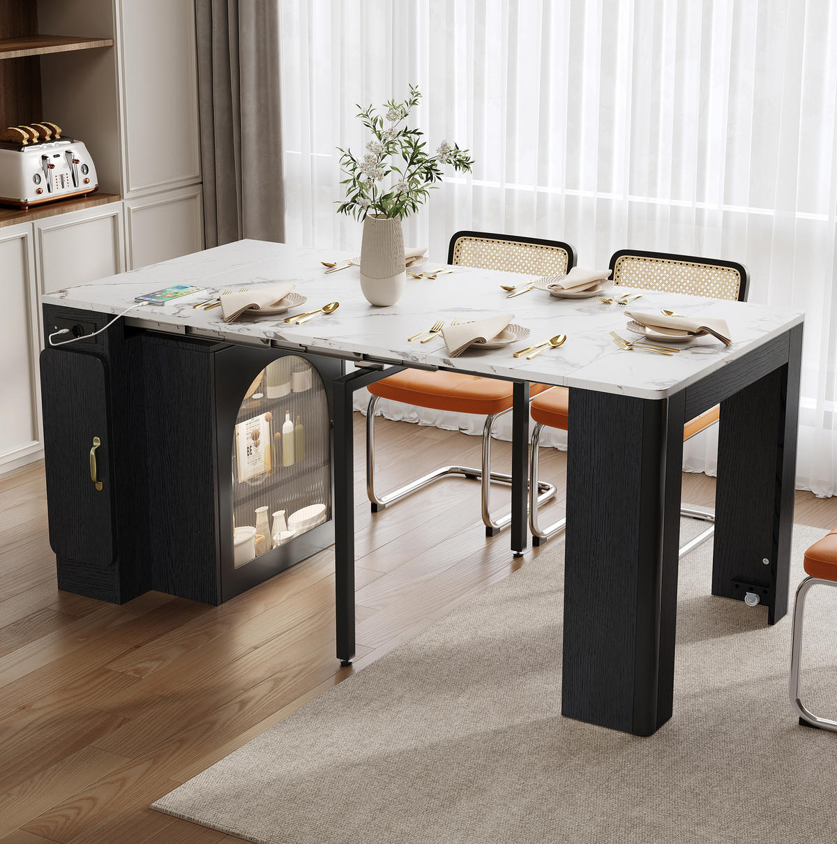 KÜCHENINSEL 83/39,6-149,6/77 cm weiß schwarz aus MDF mit Auszug Rollen LED und Steckdose - Schwarz, Holzwerkstoff (83/77/39.6cm) - OKWISH