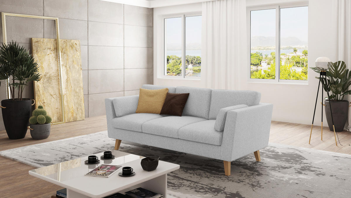 3-SITZER-SOFA Mario Silber Microfaser - Hellbraun/Silberfarben, Holz/Buchenholz (206/90/89cm) - S-Style Möbel