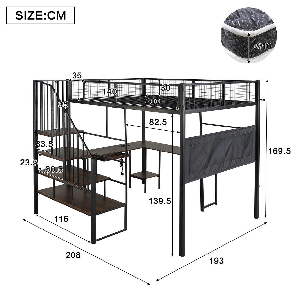 HOCHBETT aus Metall und Holz 140x200 cm Schwarz/Vintage mit Eckschreibtisch, Treppe und Ladeanschluss - Schwarz, Metall (140/200cm) - Modfu