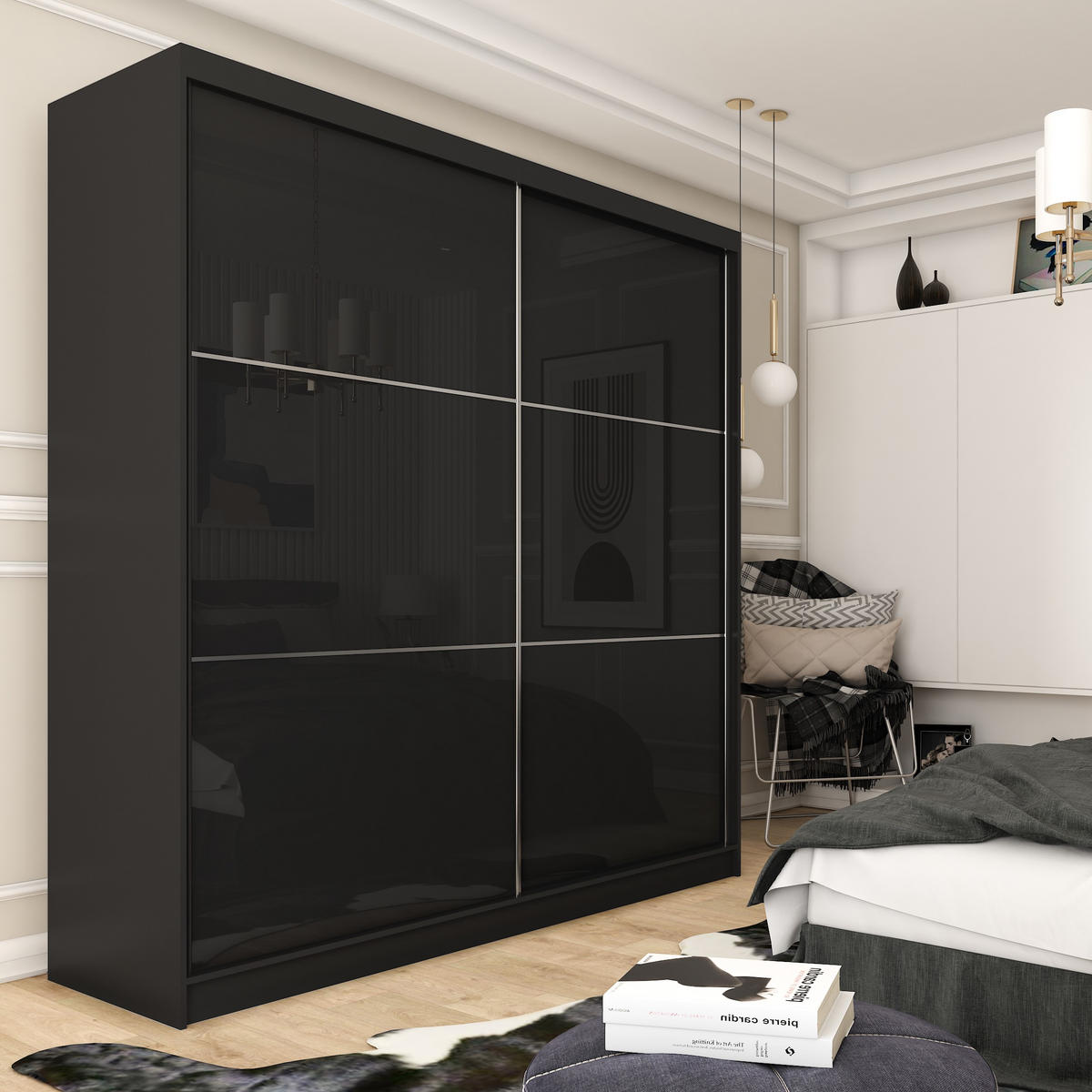 SCHWEBETÜRENSCHRANK VITALE 200/216/61 cm 2-türig Schwarz - Schwarz, Holzwerkstoff (200/216/61cm) - MASSENO