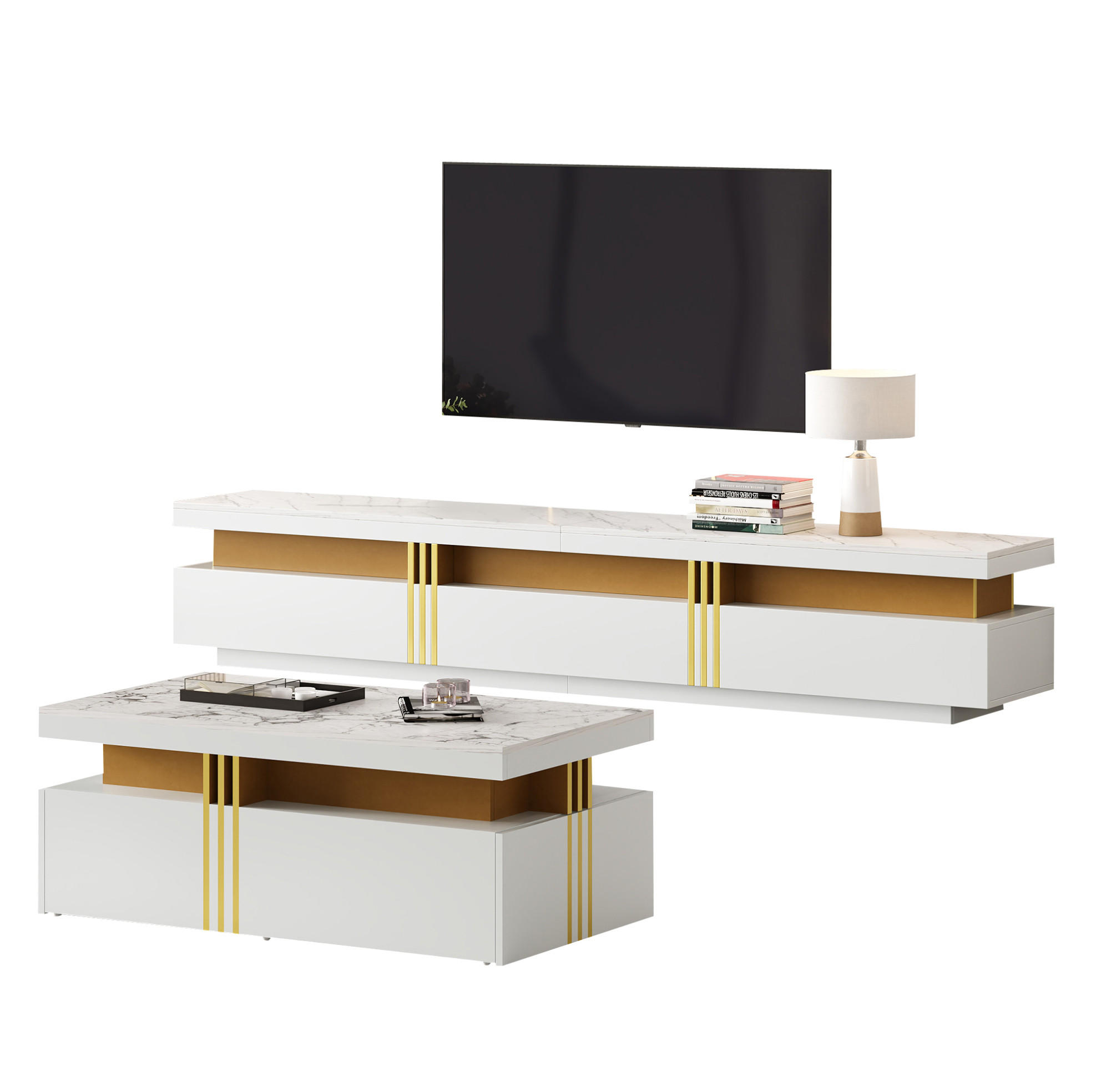 Redom TV sestava 200/40/42 cm s konferenčním stolkem 100/50/40 cm, mramorový dekor a vysoký lesk, Bílá