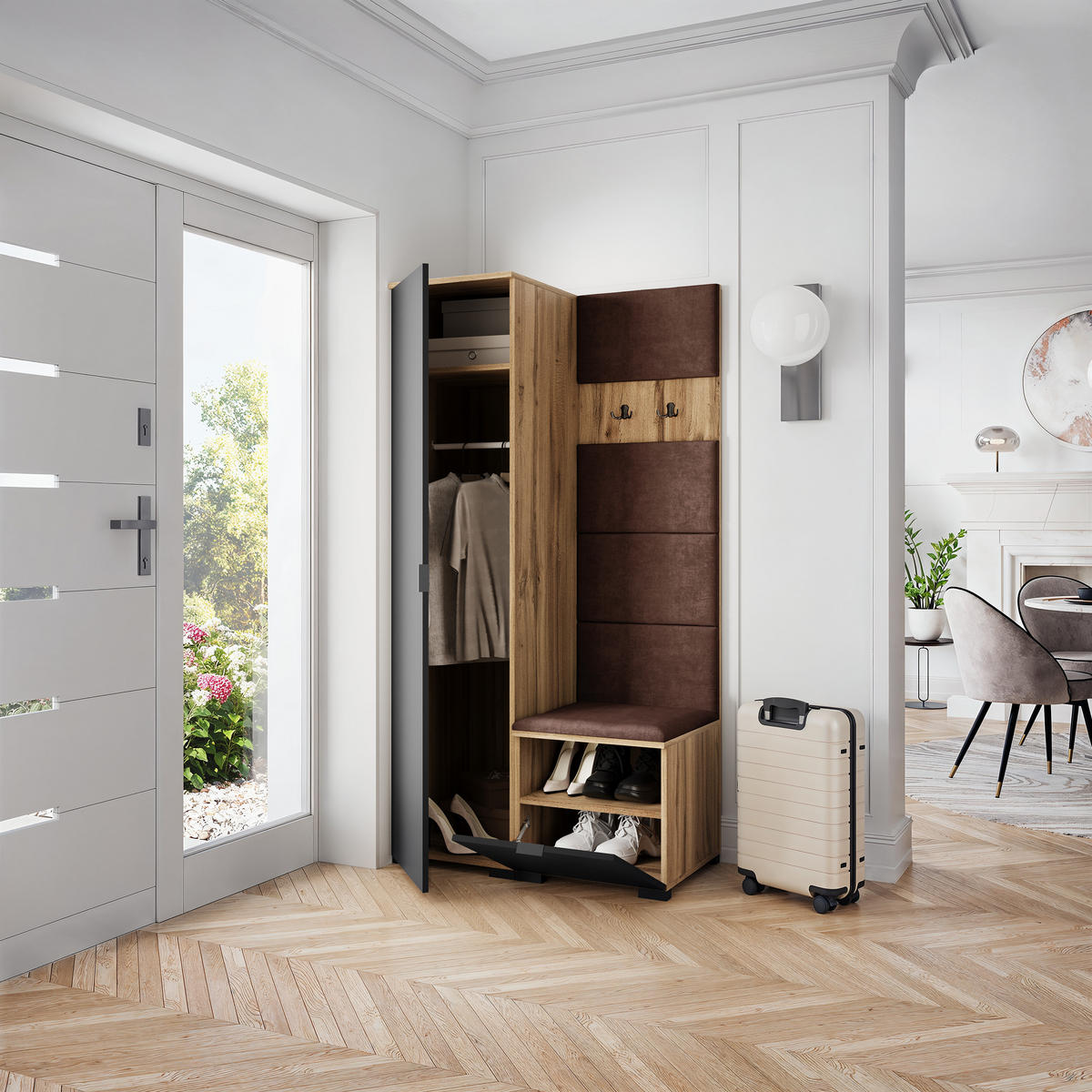 GARDEROBENSCHRANK LORI 95/181/51 cm Modern Garderobe-Set Eiche Wotan - Eiche Wotan/Schwarz, Holzwerkstoff (95/181/51cm) - MASSENO