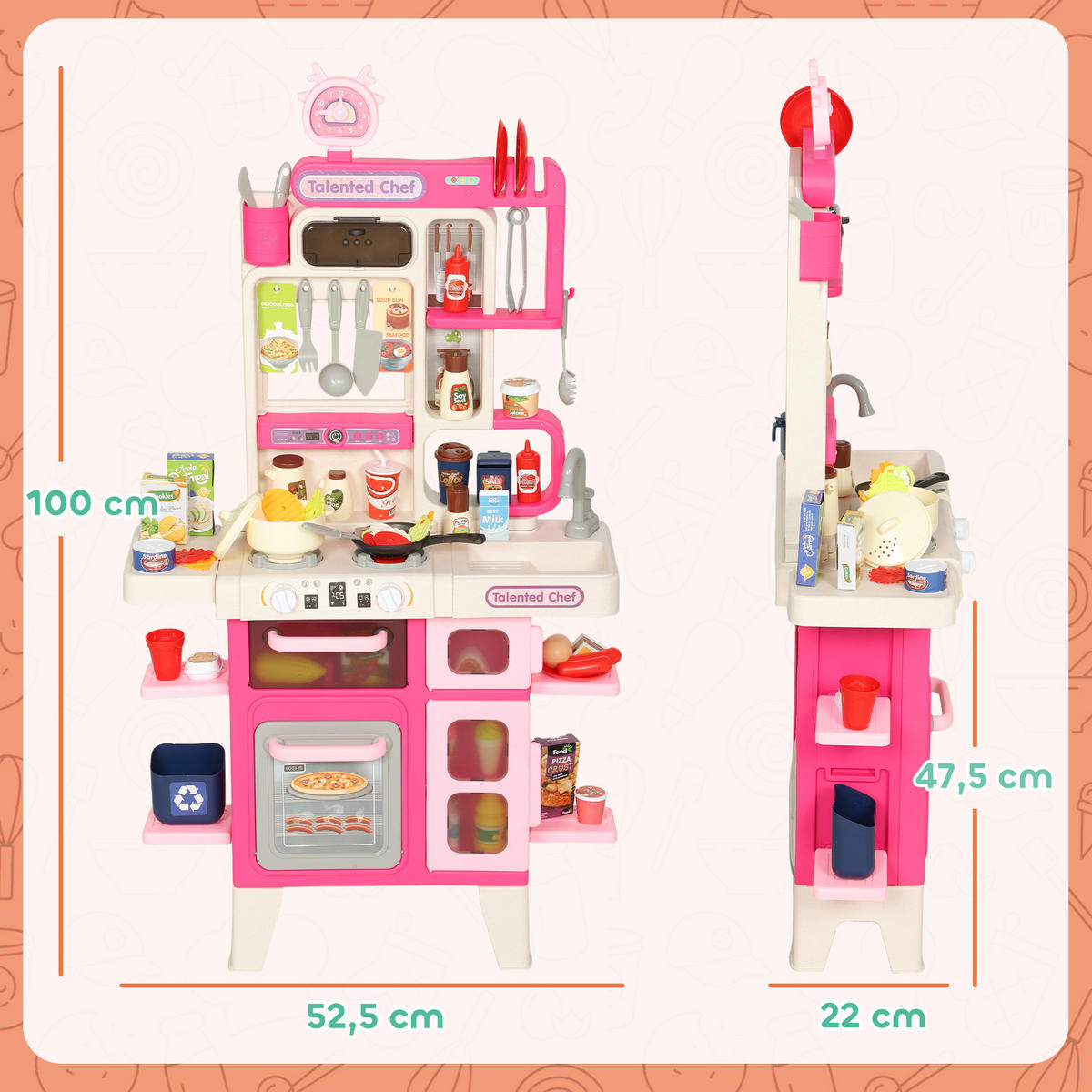 SPIELKÜCHE DE-18738 104-teilig mit Licht, Sound & Nebel Rosa - Pink, Kunststoff (52.5/22/100cm) - ComfortXL
