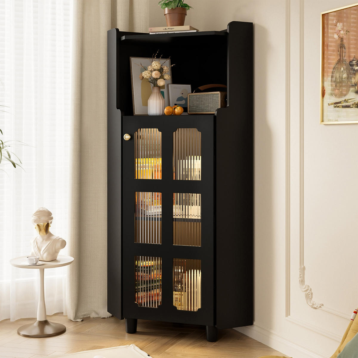KÜCHENSCHRANK MIT LED 63,5/124/63,5 cm, MDF, Schwarz, APP-GESTEUERTE BELEUCHTUNG, platzsparende Eckkommode für Badezimmer - Schwarz, Holzwerkstoff (63.5/124/63.5cm) - Rolipo