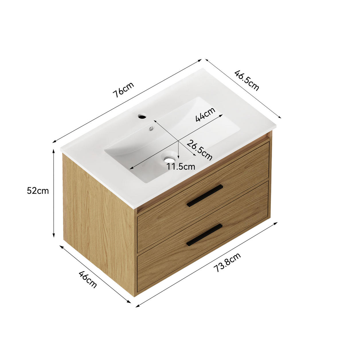 WASCHTISCH Helleichefarben 75 cm - Hellbraun, Holz (76/52/46cm) - PANGIVO