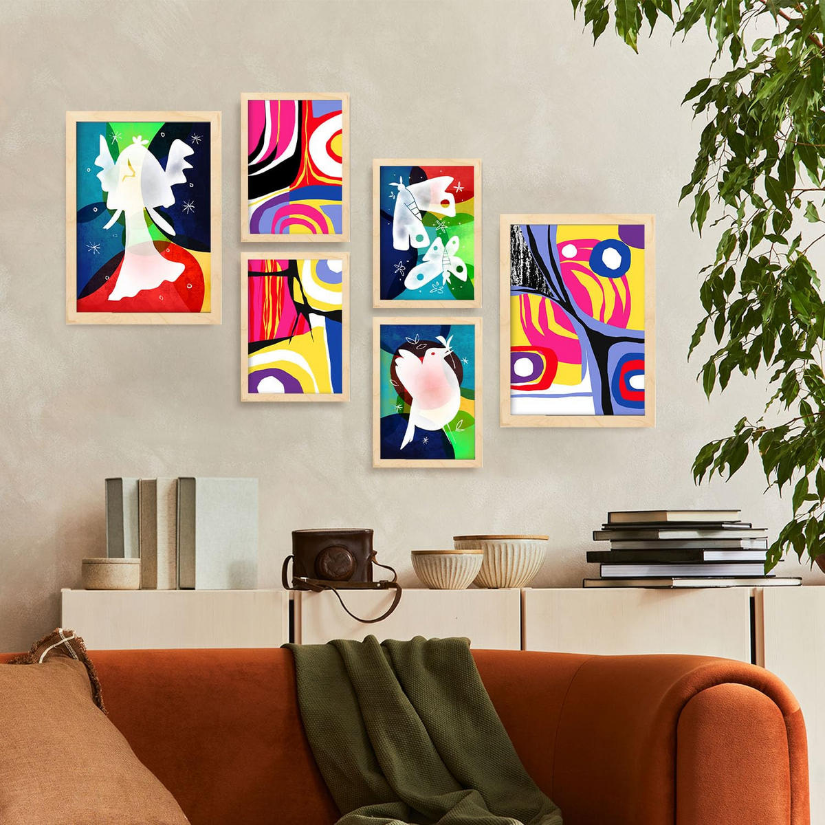 POSTER Set Mit 6 Flügel Des Friedens In Farbenfrohe Abstracts Ästhetische Dekorative Gemälde Für Ihr Wohnzimmer Zuhause A3 & A4 Rahmen Aus Hellem Holz - Beige, Papier (29/3cm) - Nacnic