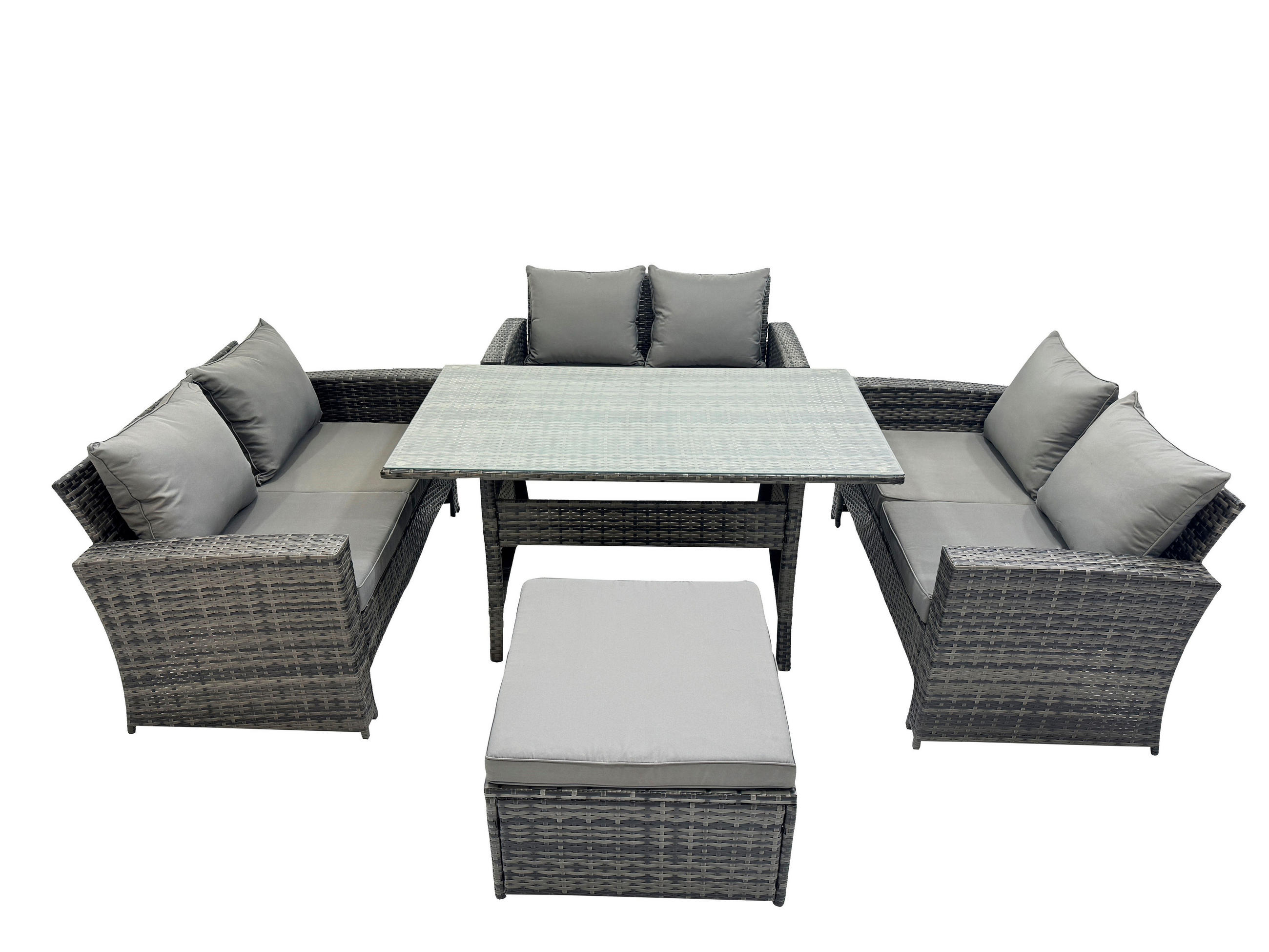 GARTENMÖBELSET mit Zweisitzer,Esstisch,Hocker Polyrattan Dunkelgrau 7-Sitzer - Dunkelgrau/Grau, Glas/Kunststoff - Fimous