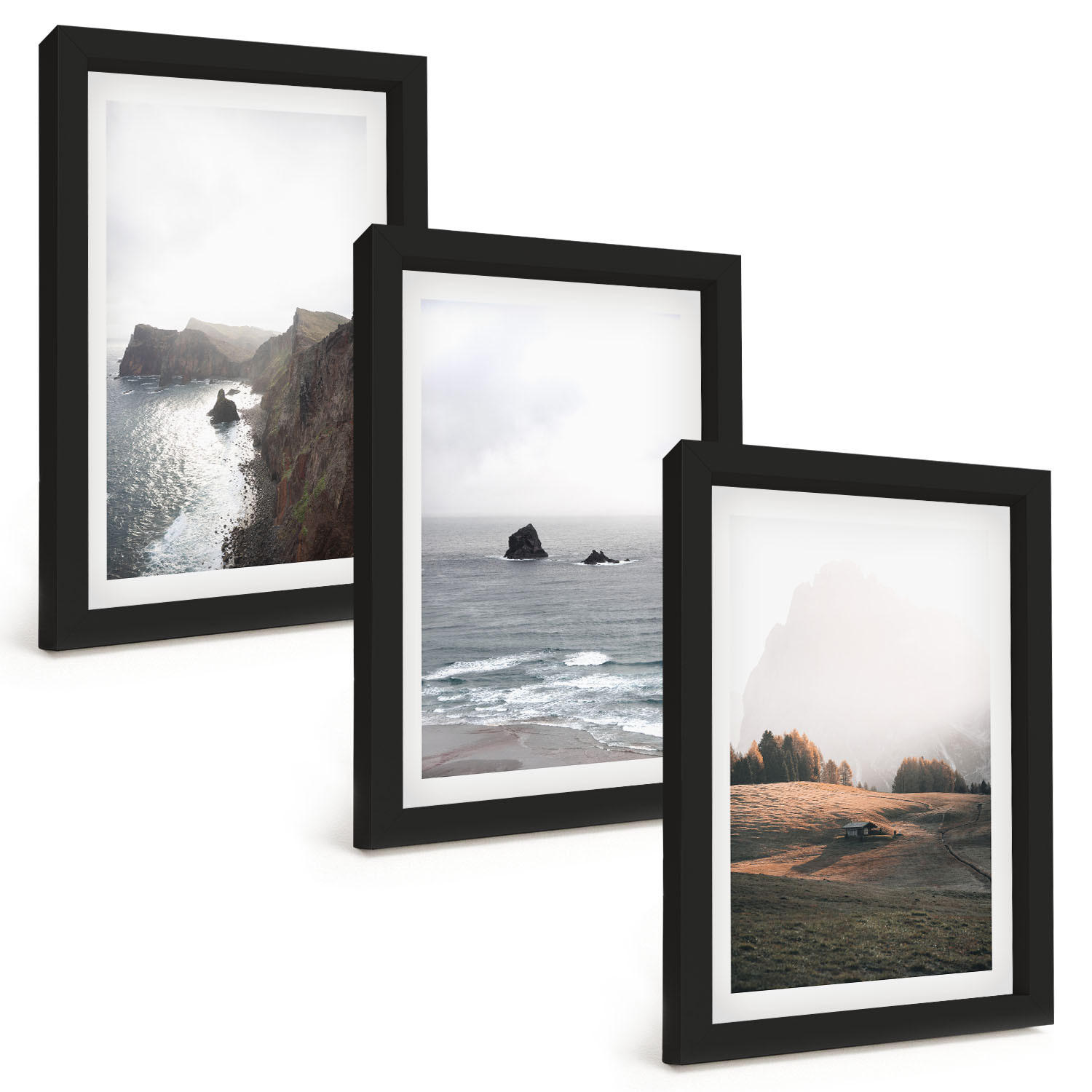 BILDER SET 3er Set - 20x30 cm Schwarzer Rahmen - Landschaften aus Bergen und Meer - Schwarz, Kunststoff (20/30cm) - TULUP