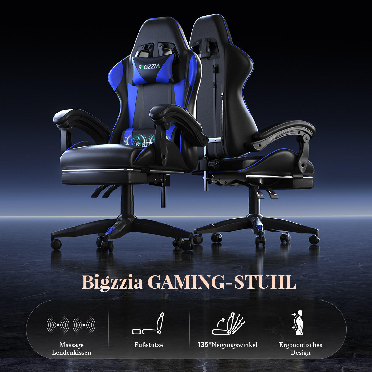 GAMINGSTUHL Schwarz-Blau,mit Massage,Fußstütze, Ergonomisch, Verstellbar - Blau, Metall (26/59/77cm) - Rattrix