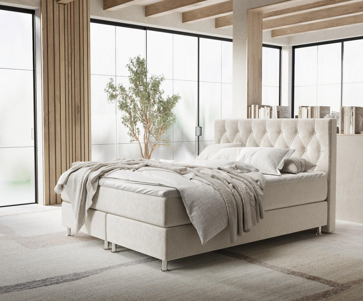 BOXSPRINGBETT Excelsior Ecru 200/200 cm mit Latex-Topper - Ecru/Silberfarben, Holz/Holzwerkstoff (200/200cm) - Maison de Reve