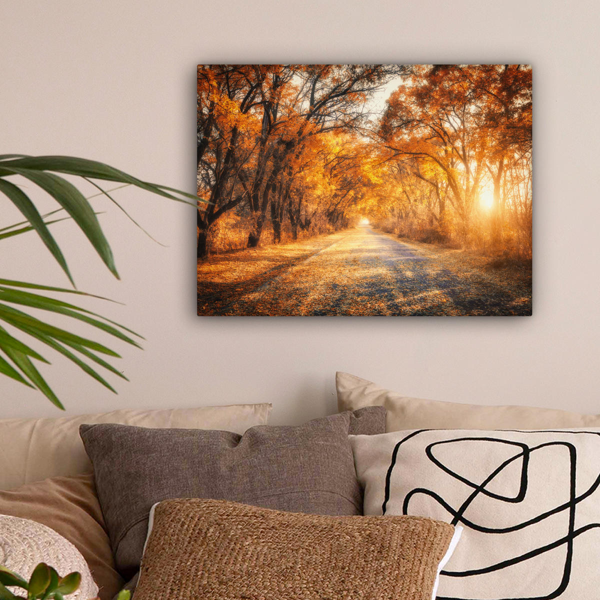 LEINWANDBILD Wald - Herbst - Bäume - Waldweg - Natur Wandbild 40x30 cm - Bernsteinfarben, Textil (40/30cm) - MuchoWow