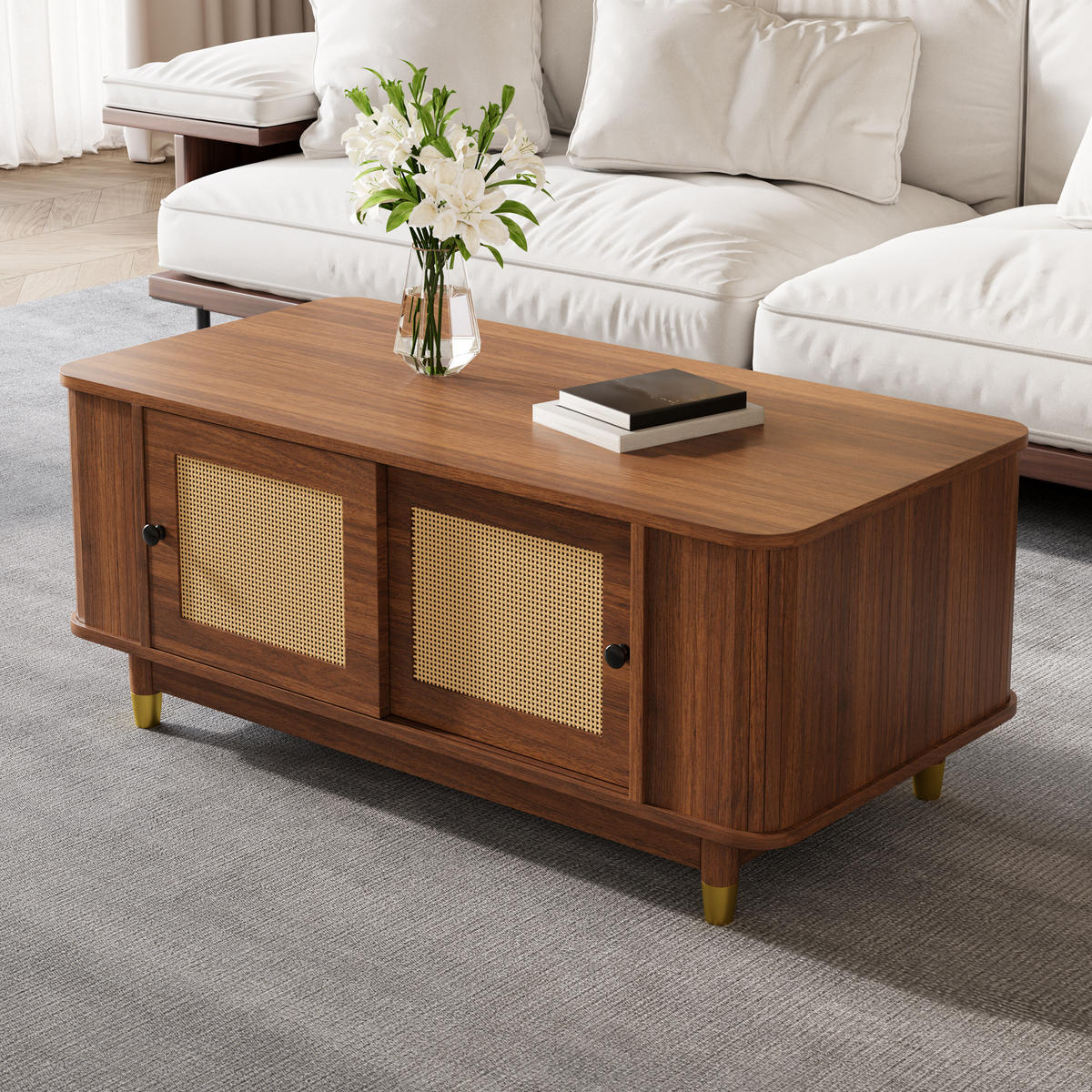 COUCHTISCH Rattan Schiebetüren abgerundet Stauraum modern - Walnussfarben, Holzwerkstoff (100/50/42cm) - FLIEKS
