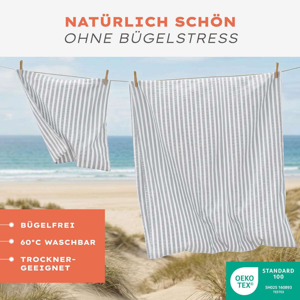 BETTWÄSCHE Seersucker, 3-teilig, 200/200 cm & 80/80 cm, Grau - Grau, Textil (200/200cm) - Blumtal